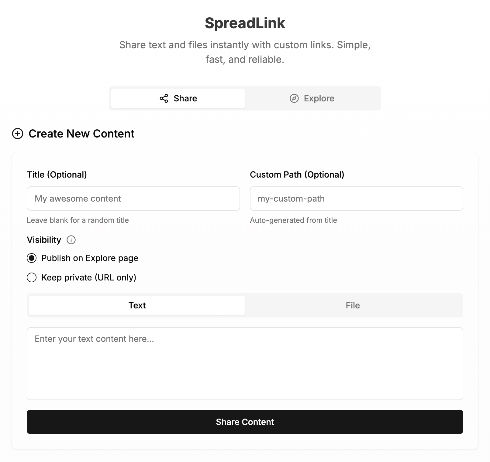 SpreadLink interface showing file sharing with custom links and visibility options